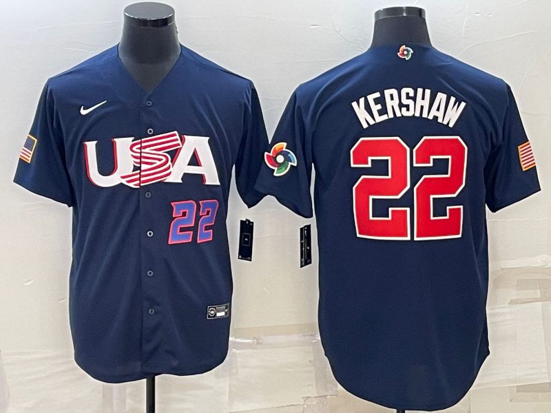 Men 2023 World Cub USA #22 Kershaw Blue Nike MLB Jersey2